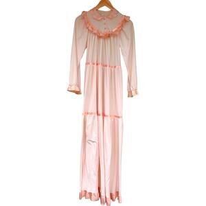Vintage Nightgown Ruffle Floral Embroidered Pink Maxi Pajamas Size Small 70's